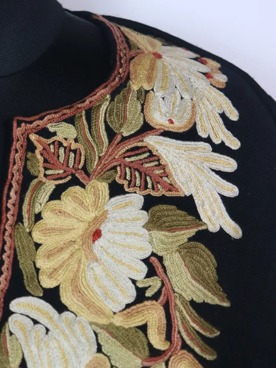 Kashmiri Pheran In Raffal Wool With Hand Aari Embroidery Asma  | Black - Image 3