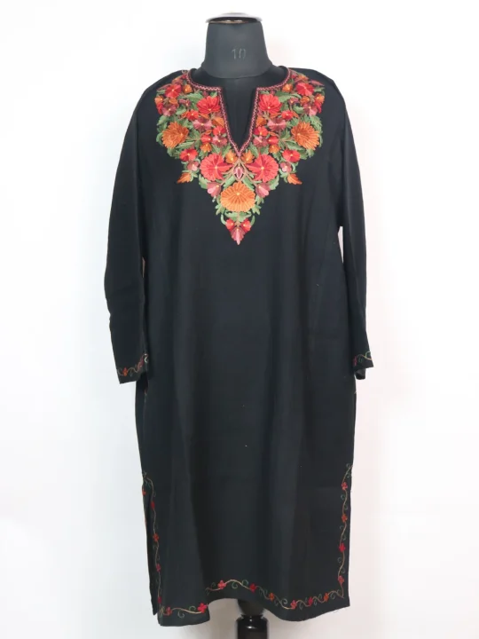 Kashmiri Pheran Asma In Raffal Wool With Hand Aari Embroidery | Black