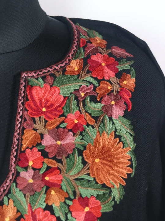 Kashmiri Pheran Asma In Raffal Wool With Hand Aari Embroidery | Black - Image 3