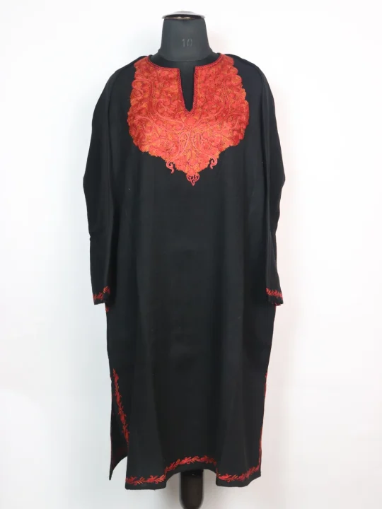 Black Kashmiri Pheran In Raffal Wool With Hand Aari Embroidery | Asma