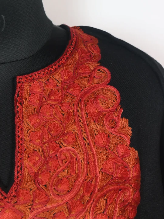 Black Kashmiri Pheran In Raffal Wool With Hand Aari Embroidery | Asma - Image 3