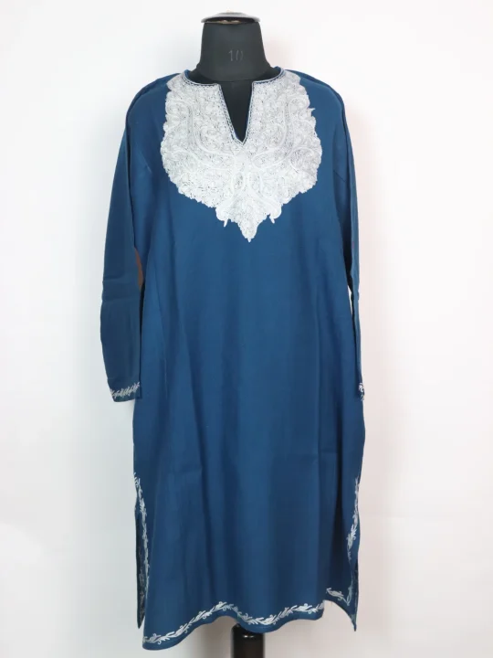 Kashmiri Pheran In Blue Raffal Wool With Hand Aari Embroidery |  Asma
