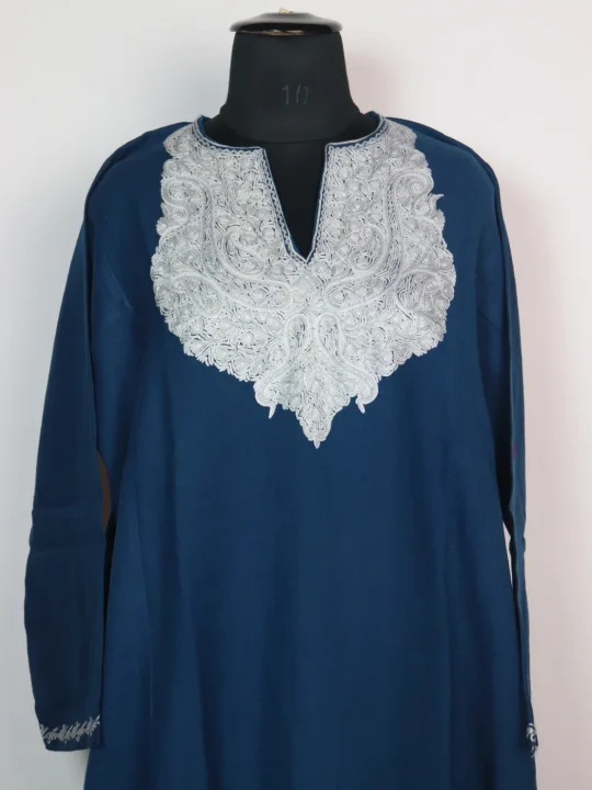 Kashmiri Pheran In Blue Raffal Wool With Hand Aari Embroidery | Asma - Image 2