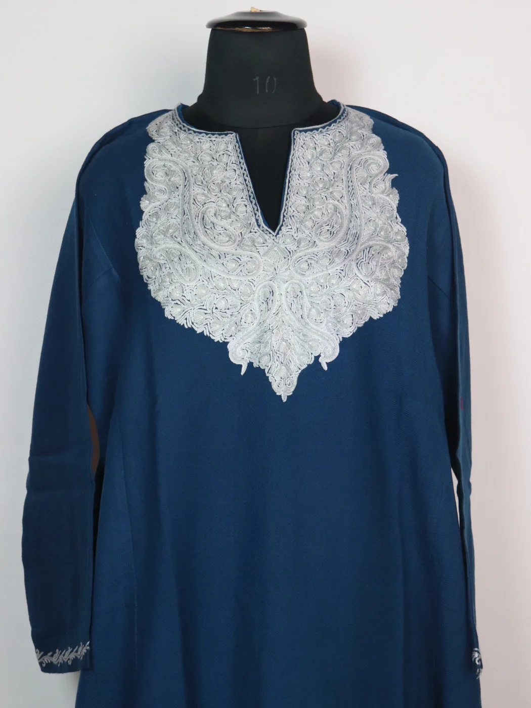 Kashmiri Pheran In Blue Raffal Wool With Hand Aari Embroidery | Asma - Image 2