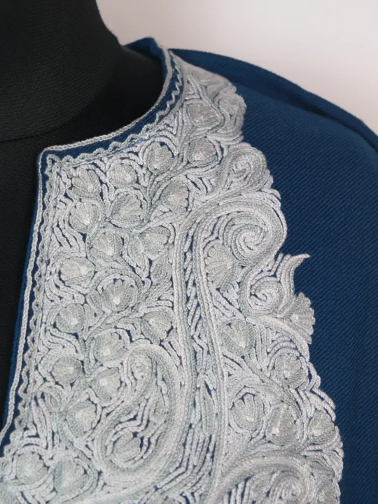 Blue Kashmiri Pheran In Raffal Wool With Hand Aari Embroidery | Asma - Image 3