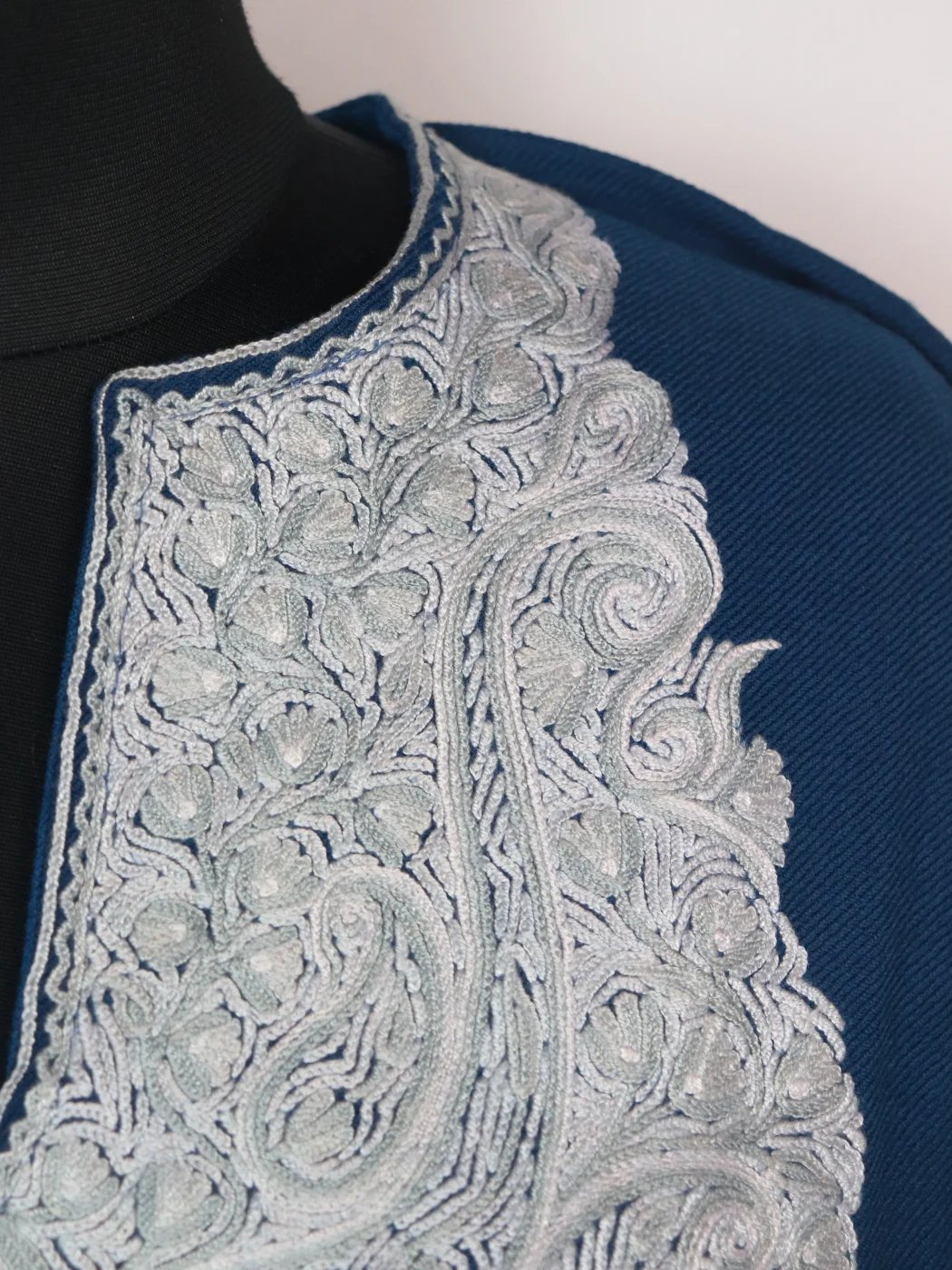 Blue Kashmiri Pheran In Raffal Wool With Hand Aari Embroidery | Asma - Image 3