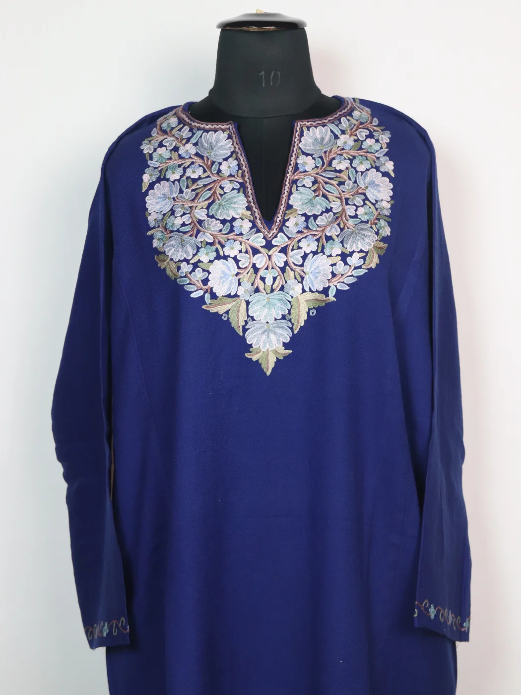 Blue Kashmiri Pheran In Raffal Wool With Hand Aari Embroidery | Asma