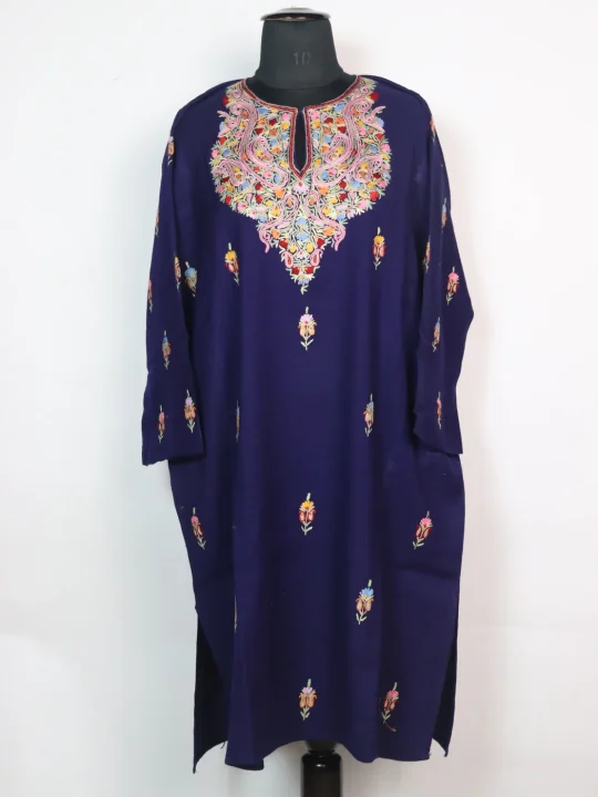 Kashmiri Pheran In Raffal Wool With Hand Aari Embroidery Asma | Dark Blue