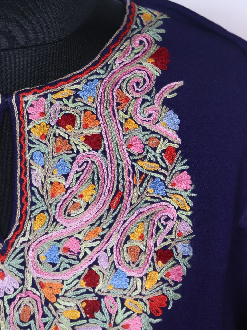 Kashmiri Pheran In Raffal Wool With Hand Aari Embroidery Asma | Dark Blue - Image 3