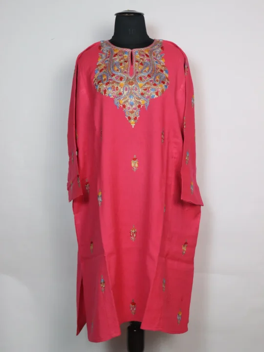 Asma Kashmiri Pheran In Raffal Wool With Hand Aari Embroidery | Pink