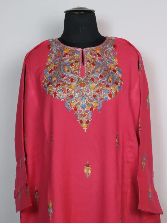 Asma Kashmiri Pheran In Raffal Wool With Hand Aari Embroidery | Pink - Image 2