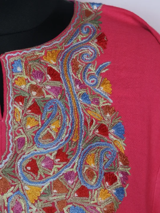 Asma Kashmiri Pheran In Raffal Wool With Hand Aari Embroidery | Pink - Image 3