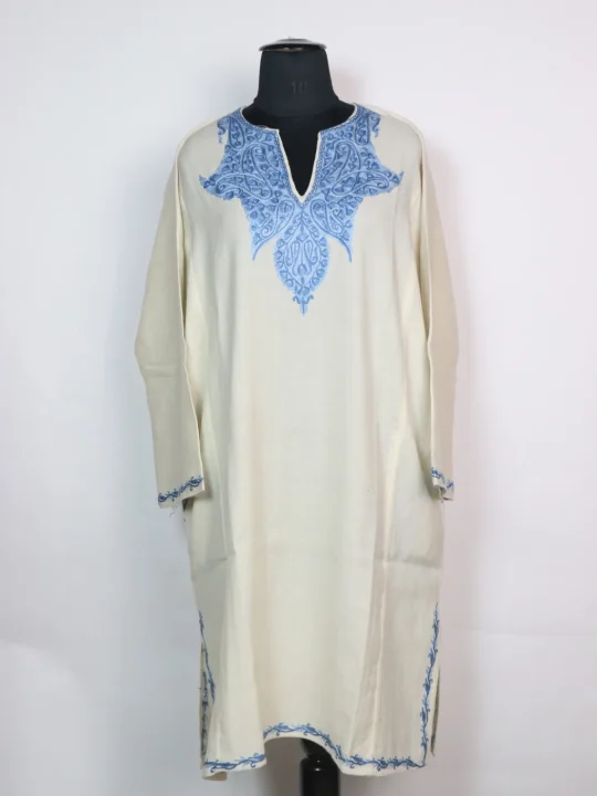 Asma Kashmiri Pheran In Raffal Wool With Hand Aari Embroidery | White