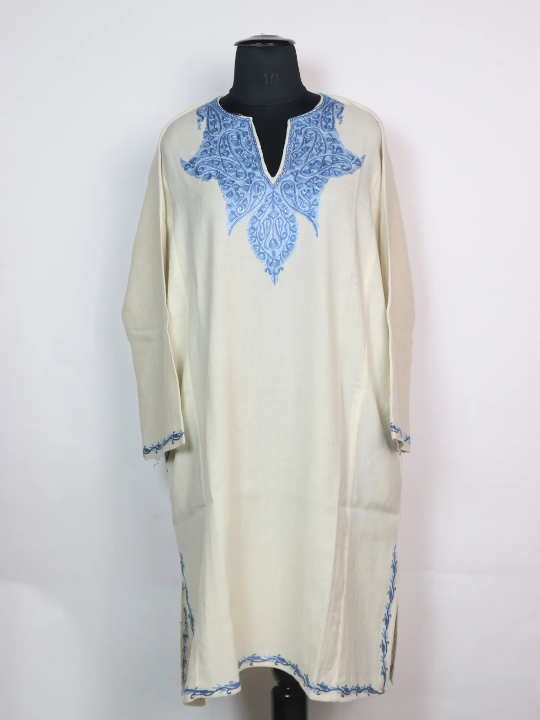 Asma Kashmiri Pheran In Raffal Wool With Hand Aari Embroidery | White