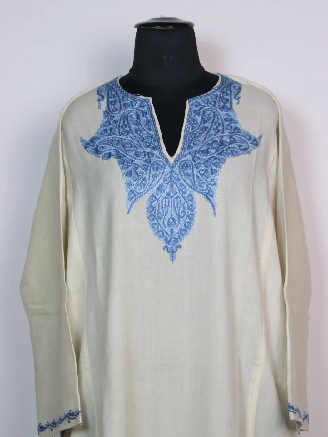 Asma Kashmiri Pheran In Raffal Wool With Hand Aari Embroidery | White - Image 2