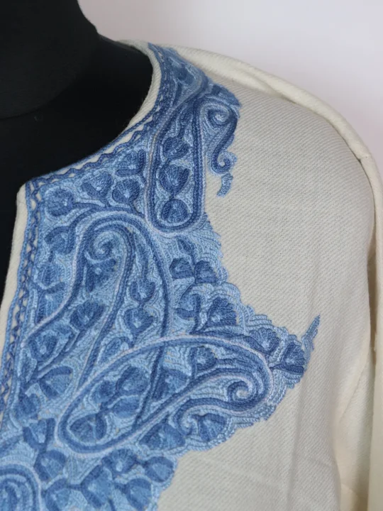 Asma Kashmiri Pheran In Raffal Wool With Hand Aari Embroidery | White - Image 3