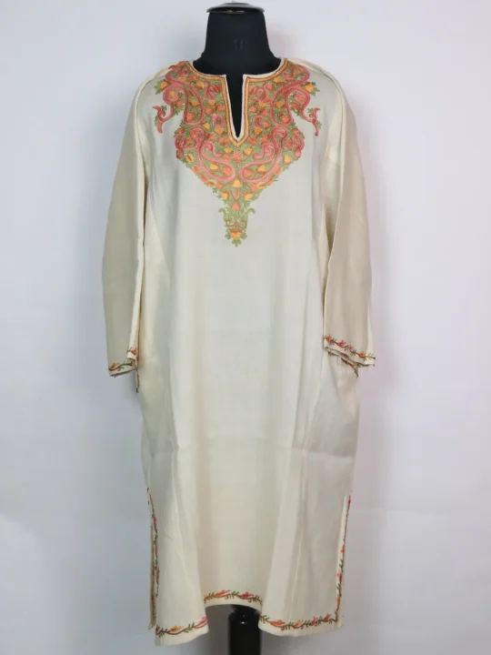 Kashmiri Pheran Asma With Hand Aari Embroidery In Raffal Wool  | White