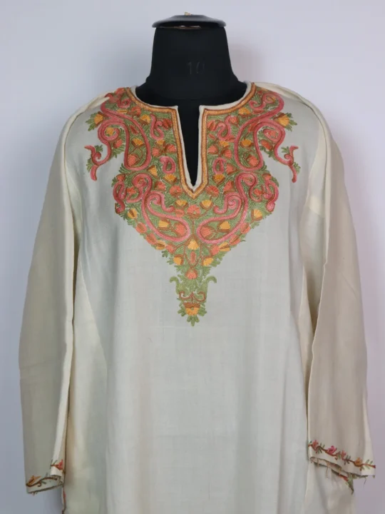 Kashmiri Pheran Asma With Hand Aari Embroidery In Raffal Wool | White - Image 2