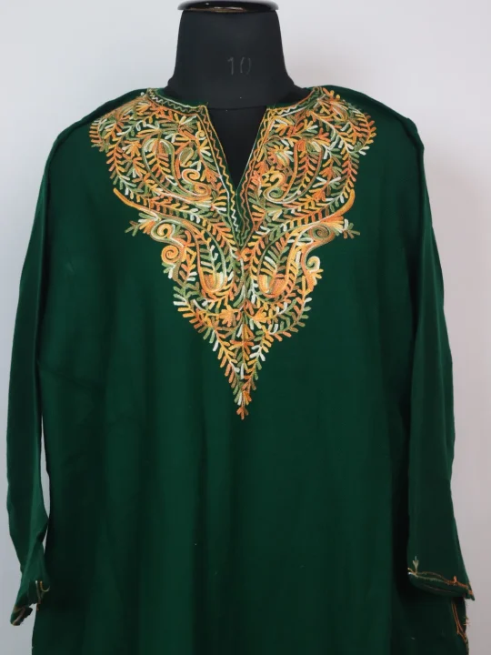 Kashmiri Pheran In Green Cashmilon With Aari Embroidery | Isha - Image 2