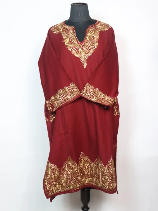 Maroon Kashmiri Pheran In Cashmilon With Aari Embroidery  | Isha