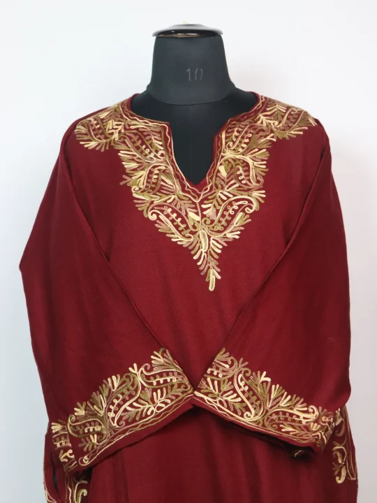 Maroon Kashmiri Pheran In Cashmilon With Aari Embroidery  | Isha - Image 2