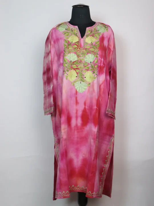 Tie Dye Kashmiri Pheran With Aari Embroidery in Pink Cashmilon  | Isha