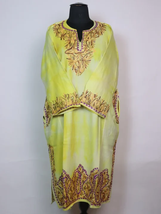 Isha Kashmiri Pheran In Cashmilon With Aari Embroidery Tie Dye | Yellow