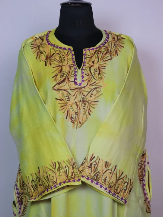 Isha Kashmiri Pheran In Cashmilon With Aari Embroidery Tie Dye | Yellow - Image 2