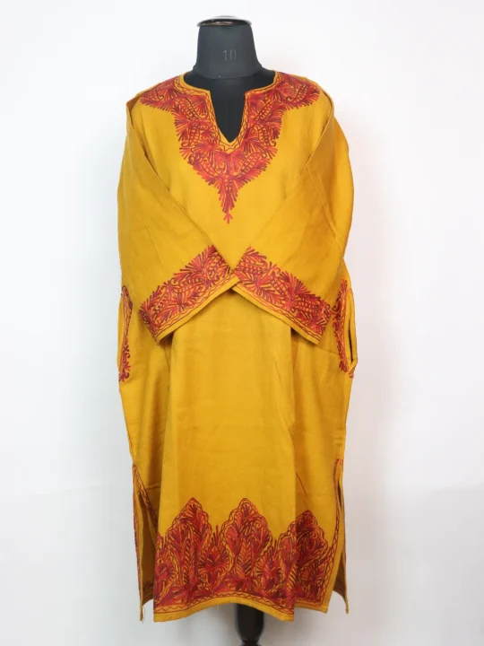 Kashmiri Pheran Isha In Mustard Yellow Cashmilon With Aari Embroidery