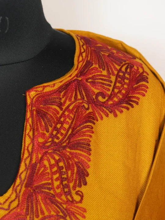 Kashmiri Pheran Isha In Mustard Yellow Cashmilon With Aari Embroidery - Image 3