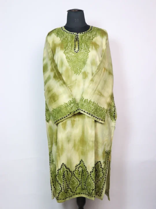 Tie Dye Kashmiri Pheran in Light Green  Cashmilon With Aari Embroidery | Isha