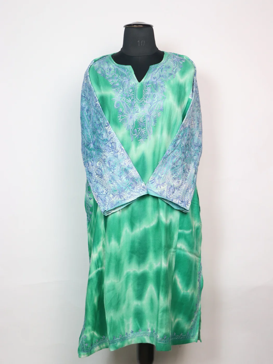 Kashmiri Pheran in Sea Green Tie Dye Cashmilon With Aari Embroidery | Isha