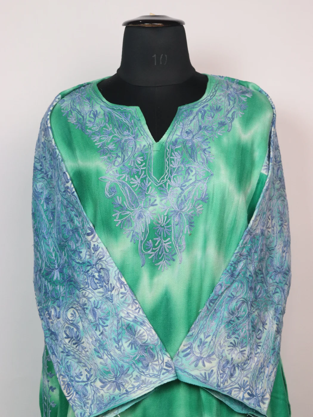 Kashmiri Pheran in Sea Green Tie Dye Cashmilon With Aari Embroidery | Isha - Image 2