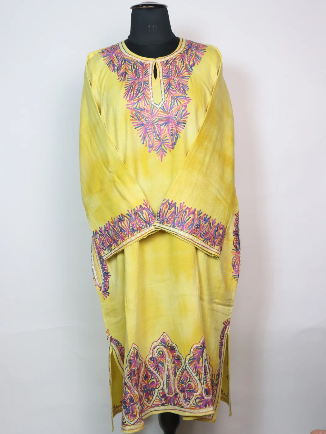 Yellow Kashmiri Pheran Isha in Tie Dye Cashmilon With Aari Embroidery