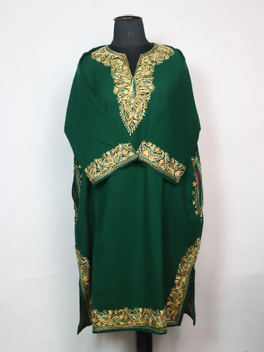 Isha Kashmiri Pheran in Green Cashmilon With Aari Embroidery