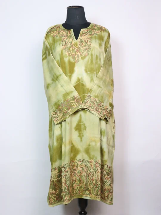 Kashmiri Pheran in Green Tie Dye Cashmilon With Aari Embroidery | Isha