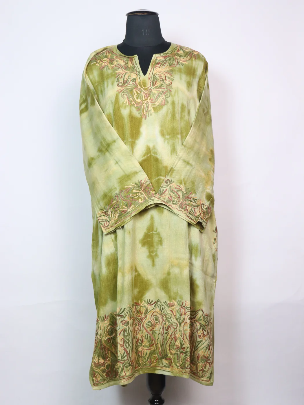 Kashmiri Pheran in Green Tie Dye Cashmilon With Aari Embroidery | Isha