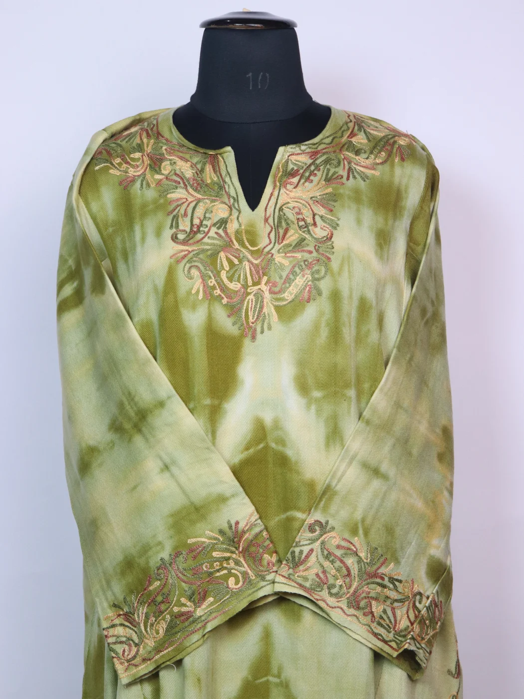 Kashmiri Pheran in Green Tie Dye Cashmilon With Aari Embroidery | Isha - Image 2