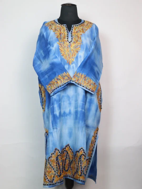 Tie Dye Kashmiri Pheran Isha in Blue  Cashmilon With Aari Embroidery
