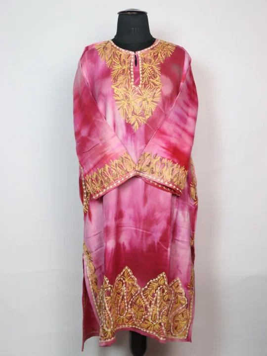 Kashmiri Pheran in Pink Tie Dye Cashmilon With Aari Embroidery | Isha