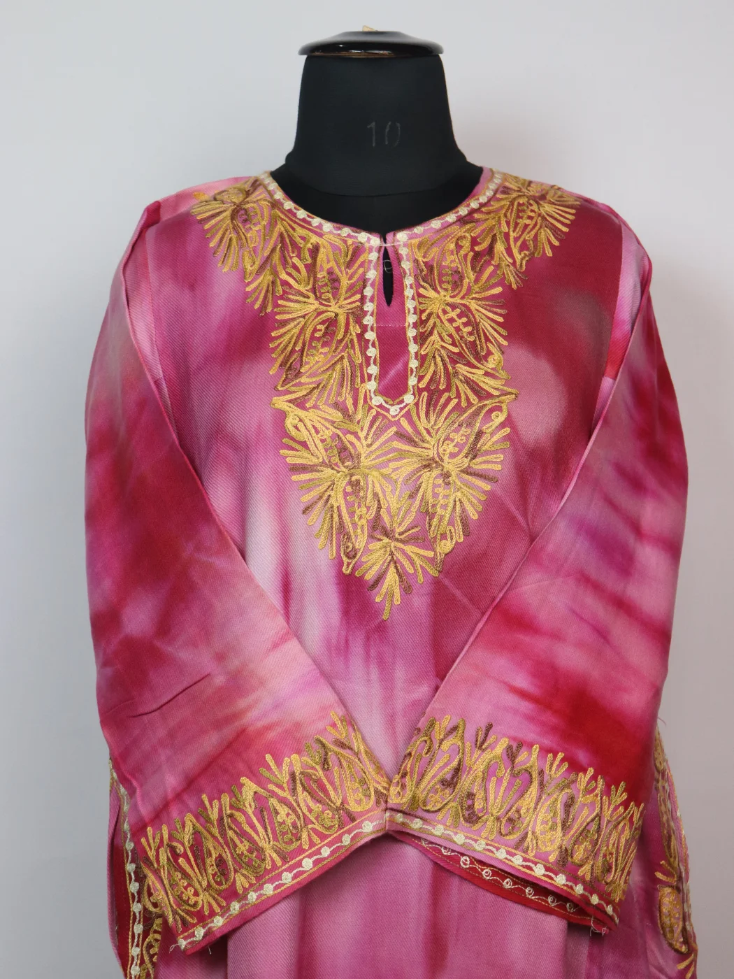 Kashmiri Pheran in Pink Tie Dye Cashmilon With Aari Embroidery | Isha - Image 2