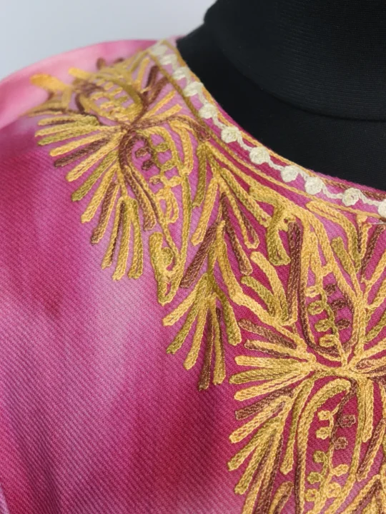 Kashmiri Pheran in Pink Tie Dye Cashmilon With Aari Embroidery | Isha - Image 4