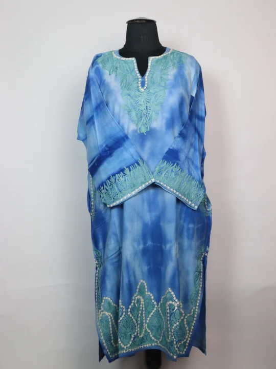 Isha Kashmiri Pheran in Blue Tie Dye Cashmilon With Aari Embroidery