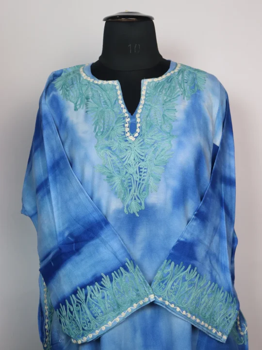 Isha Kashmiri Pheran in Blue Tie Dye Cashmilon With Aari Embroidery - Image 2