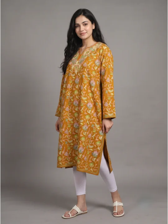 Rabiya Kashmiri Pheran Mustard In Raffal Wool With Aari Jaal Embroidery