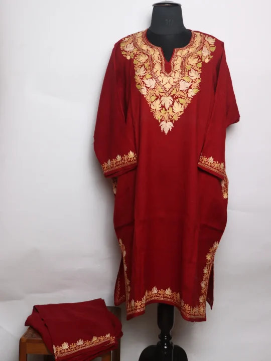 Madiha Kashmiri Pheran Set With Trouser In Raffal Wool With Aari Embroidery | Maroon