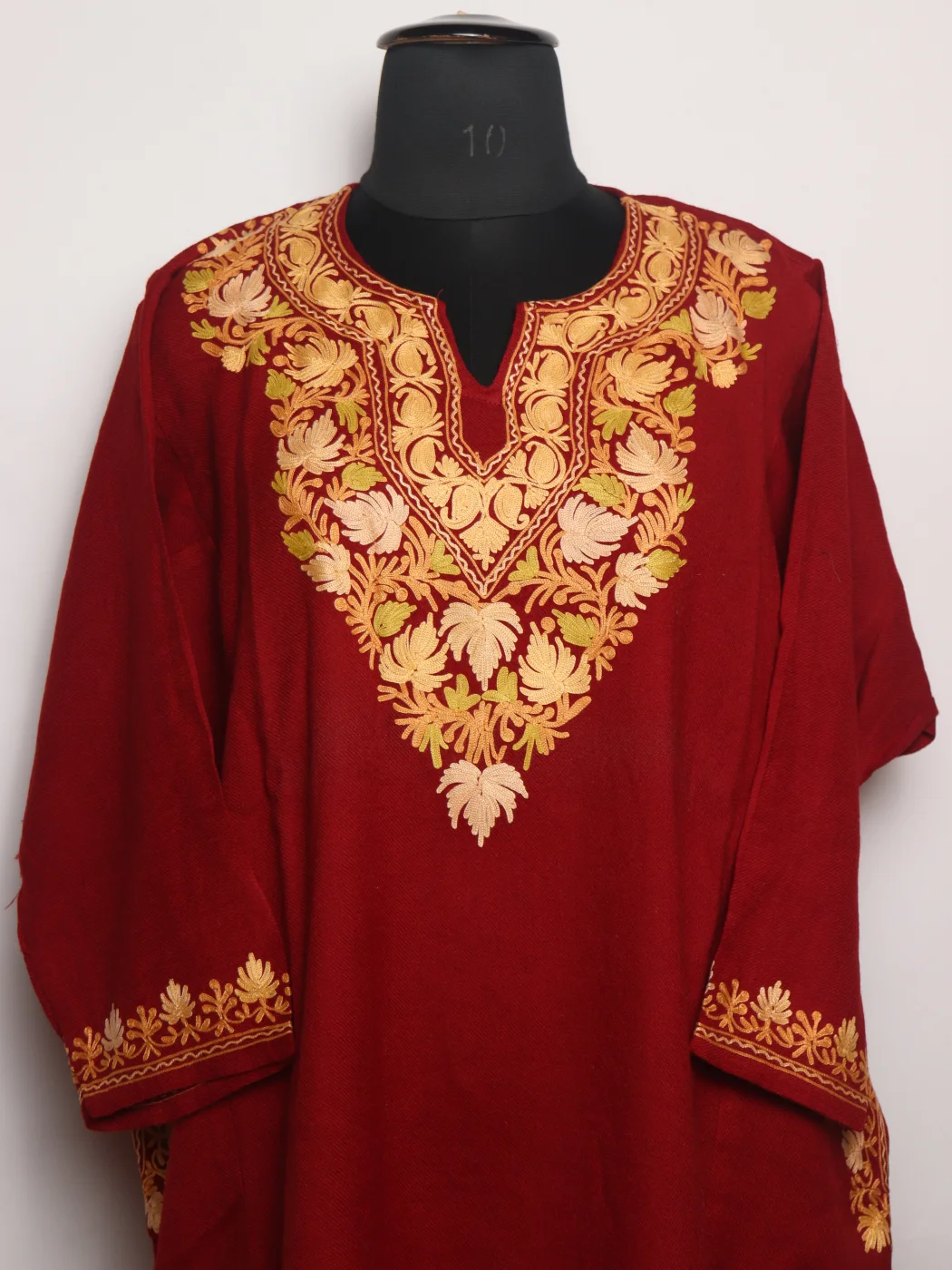 Madiha Kashmiri Pheran Set With Trouser In Raffal Wool With Aari Embroidery | Maroon - Image 2