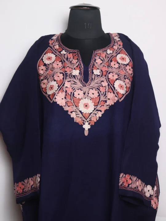 Hina Kashmiri Pheran Set With Trouser In Raffal Wool With Aari Embroidery | Navy Blue - Image 2