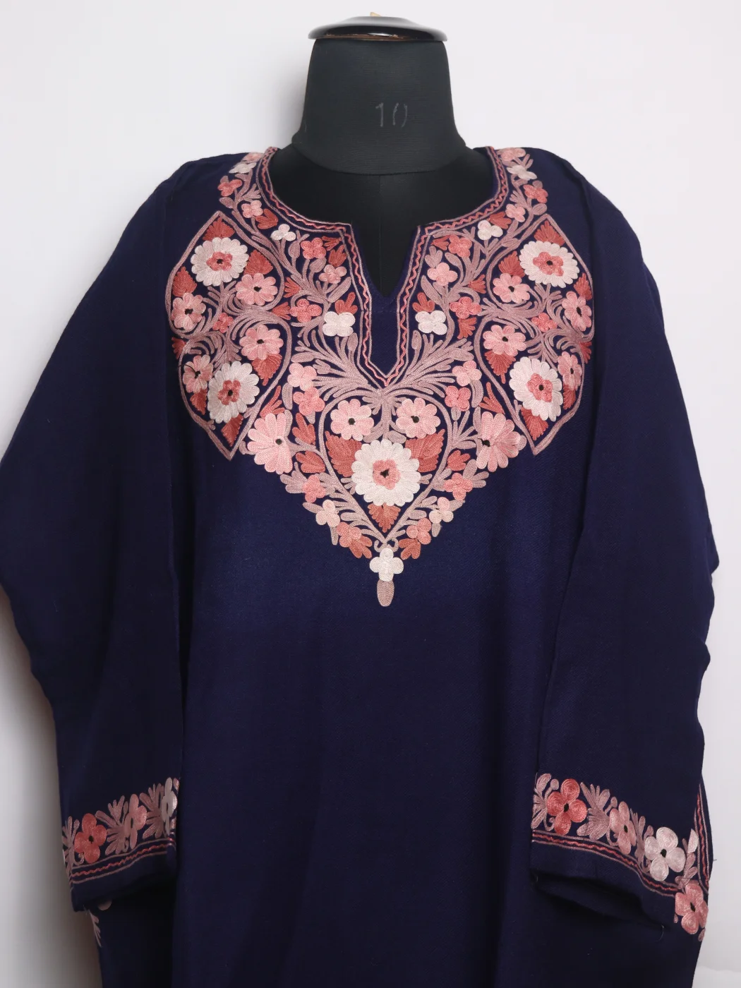 Hina Kashmiri Pheran Set With Trouser In Raffal Wool With Aari Embroidery | Navy Blue - Image 2