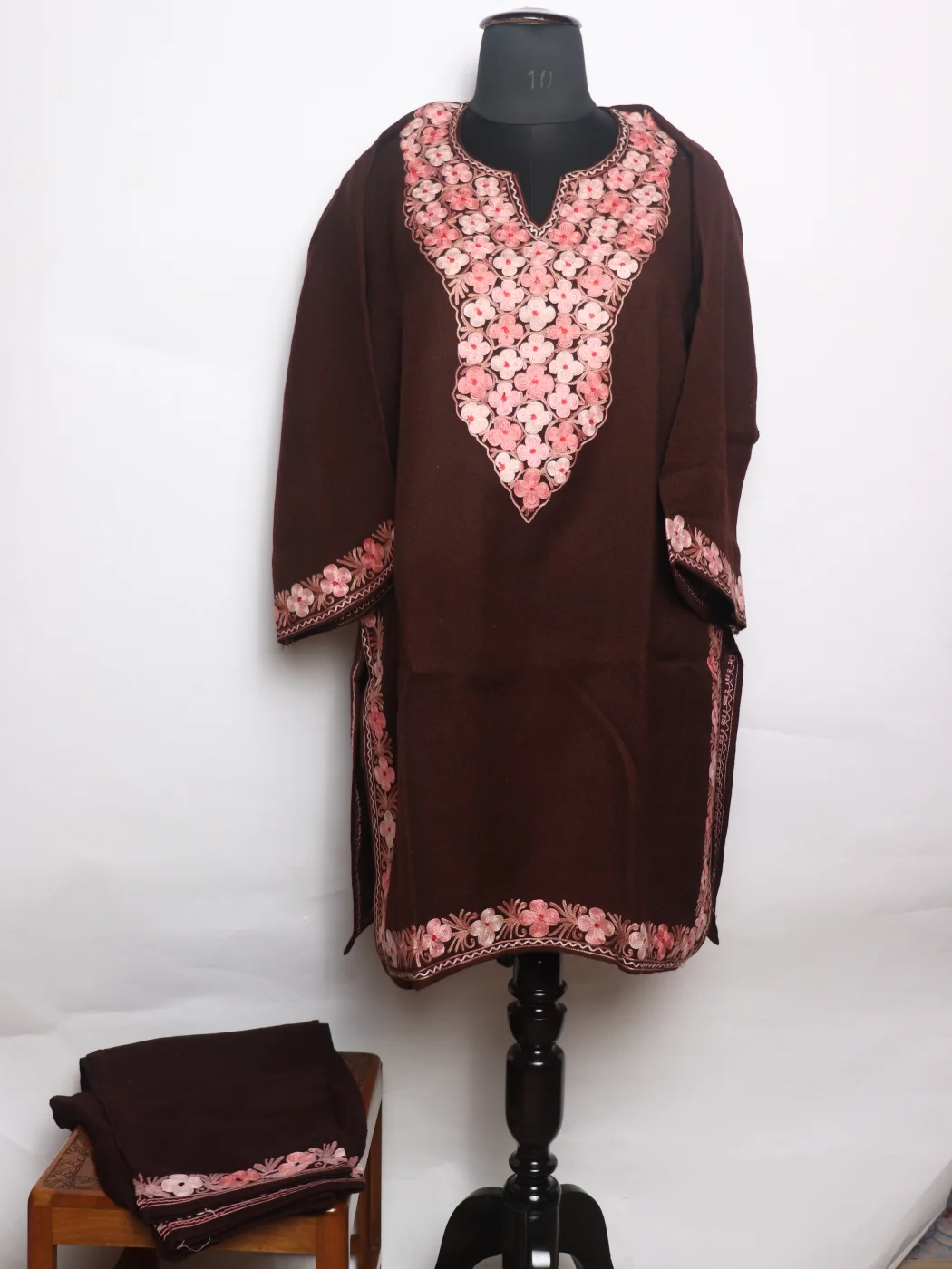 Shazia Kashmiri Pheran Set With Trouser In Raffal Wool With Aari Embroidery | Brown